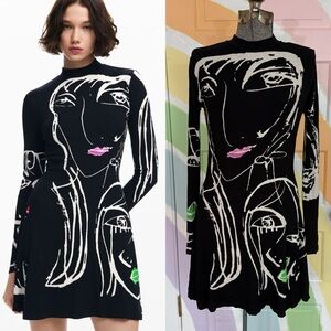 Desigual by Mariscal Y2K Abstract Faces Rib Knit Mock Neck Mini Dress Size L 🧡🍄